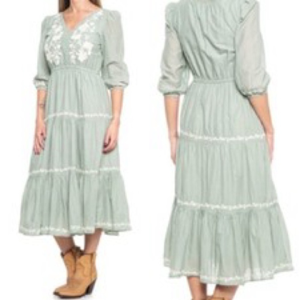 Lucky Brand Floral Embroidered Midi 100% Cotton Dress